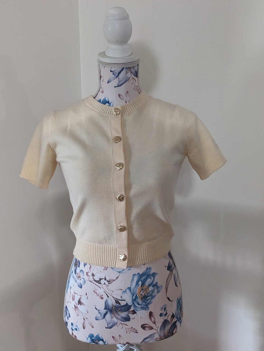 Cream Short-Sleeve Button-Front Knit Top with Decorative Buttons